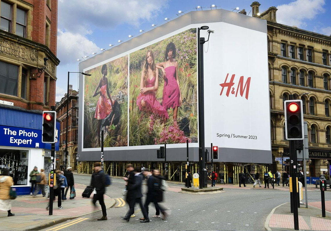 A H&M building wrap advert located in Manchester city centre.